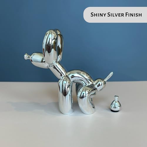 Pooping Dog Sculpture Silver, Fun Gift for Pet Lovers, Mother's Day, Aesthetic Decorative Balloon Dog Statue, Small Animal Figurine for Table, Bookshelf, Home Decor (Silver)