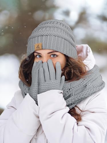 Winter Beanie Hat Scarf Gloves, Warm Fleece Knit Hats Touch Screen Gloves Neck Scarf Set Winter Gifts for Unisex Adult