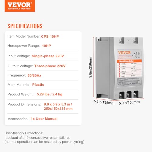 VEVOR Single Phase to 3 Phase Converter - 10HP 30A 220V Input/Output Digital Phase Shifter for Residential & Light Commercial Use (One Converter for One Motor Only)