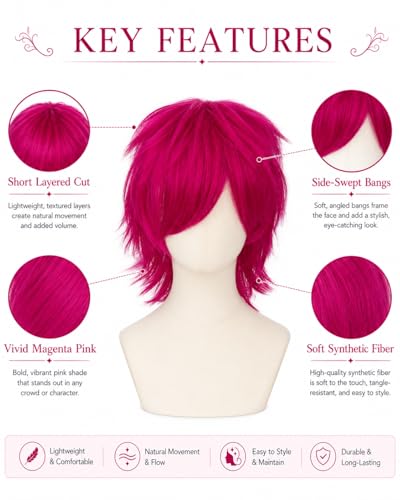 Image of Rose bud Anime Halloween Hot Pink Wig for Cosplay Party Synthetic Layered Short Hair Wigs with Fringe Pastel Funny Wigs for Women Men