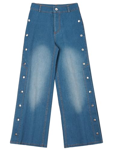 Girls Button Split Side Wide Leg Jeans Long Denim Pants with Back Pockets for School Party Casual Daily Wear3