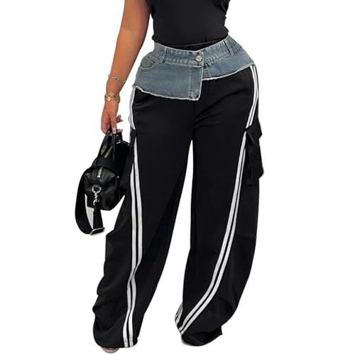 ThusFar Women's Cargo Sweatpants Stripes Wide Leg Baggy Color Block Straight Track Pants with Flap Pockets Streetwear Black L