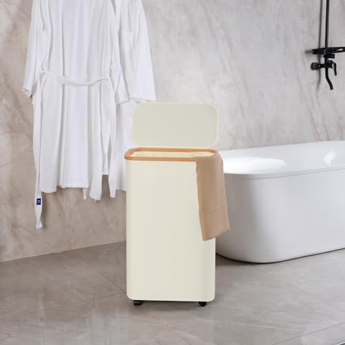 Image of efluky Slim Laundry Hamper with Wheels, Narrow Laundry Basket with Lid and Removable Bag, Aesthetic Dirty Clothes Hamper on Wheels for Laundry Room, Bedroom, Dorm and Bathroom, 75L Beige