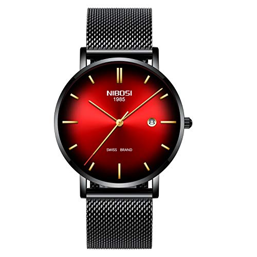 Mens Watch Ultra Thin Wrist Watches for Men Fashion Waterproof Dress Black Stainless Steel Band (Black red)