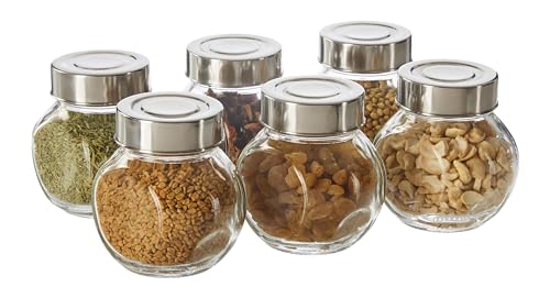 Amazon Brand - Solimo Glass Transparent Storage Jar with Steel Cap for Pickles, Spices | BPA Free | Set of 6 | 200 ml