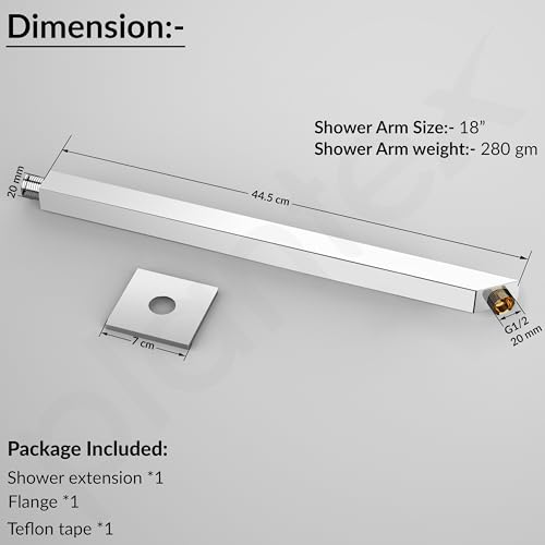 Image of Plantex 18-Inch Shower Arm for Overhead Shower /Stainless Steel Shower Pipe /Wall Mount Bathroom Fitting with -Inch Thread - Pack of 1 (Chrome)