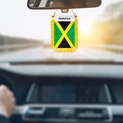 WXTWK 3 X 5 Inch Jamaica Flag Jamaican Window Hanging Flag Small Mini Car Flags Banners Rearview Mirror Decoration With Suction Cup Golden Fringy Banner