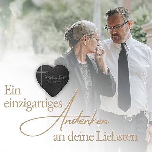 CHRISCK design Große Grabplatte Herz aus Schiefer mit Gravur - Grabstein in Herzform mit vielen Motiven - Grabschmuck wetterfest imprägniert für Urnengrab Grab - personalisierte Grabdeko
