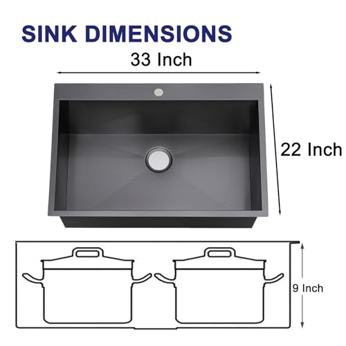 Image of VAPSINT 33x22 Black Drop in Kitchen Sink, 33 Inch Gunmetal Black Stainless Steel Top Mount Kitchen Sink, Single Bowl Laundry Sink with Strainer