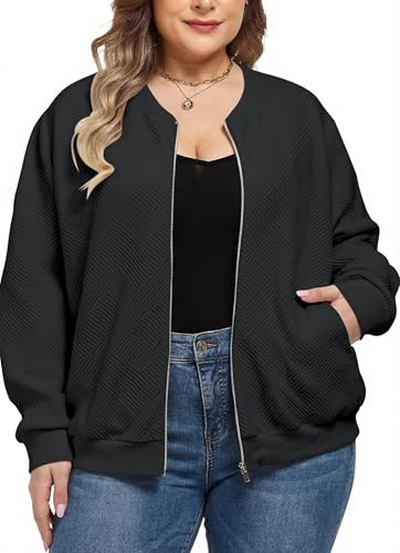 Theenkoln Women Plus Size Jackets: Full Zip Up Long Sleeve Bomber Casual Lightweight Sweatshirts Oversized Jacket Black 4X