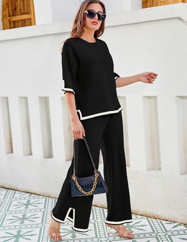 Image of Tanming Sweater Sets Women 2 Piece Lounge Sets Short Sleeve Knit Pullover Tops Wide Leg Pants