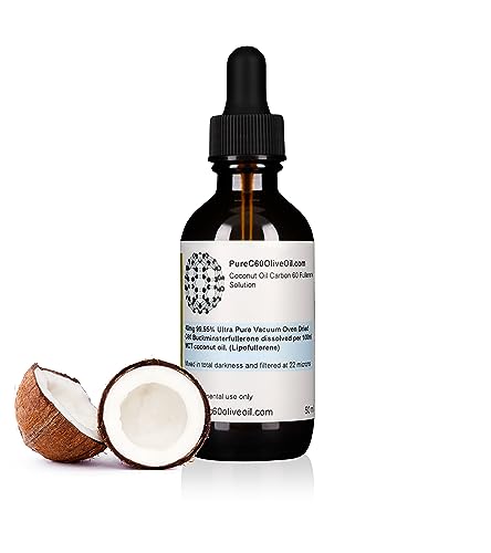 PureC60OliveOil C60 Organic MCT Coconut Oil 50ml / 1.7 Fl Oz - 99.95% Carbon 60 Solvent Free 20mg - Amber Glass Bottle - Food Grade - Carbon 60 MCT Coconut Oil - from The Leading Global Producer