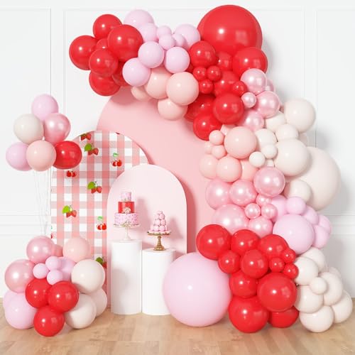 Amandir 153pcs Red and Pink Balloons Arch Garland Kit Different Sizes 18 12 10 5 inch Strawberry Cherry Pastel Pearl Light Pink Balloon Sweet One Shower Berry First Birthday Summer Party Decorations