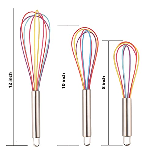 Silicone Whisks For Cooking, 3 Pack Sturdy Colored Balloon Line Whisk Set, Stainless Steel & Silicone Non-Stick Coating Hand Milk And Egg Beater For Blending Whisking Beating Stirring Cooking Baking #TOP2