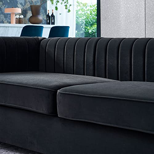Image of KEIKI 84 inch Velvet Deep Channel Tufted Sofa with Back Cushions and Rolled Arms, Modern Style 3-Seater Couch with Golden Polished Steel Legs, Easy Assembly, for Living Room, Bedroom, Office, Black