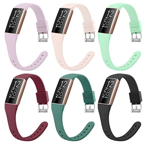 6 Pack Slim Soft Silicone Wristbands Compatible with Fitbit Charge 4 Bands, Sports Replacement Straps for Fitbit Charge 4 / Fitb