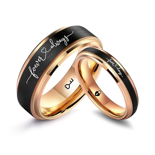 LerchPhi Custom Engraved Tungsten Ring, Personalized Valentine's Day Gift for Wife & Husband, 4/6/8MM Rose Gold Stepped Edge with Black Matte Satin Finish, Meaningful Gift for couple & Lovers
