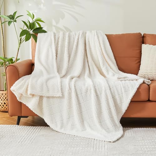 Image of EMME Fleece Blanket, 3D Jacquard Throw Blanket for Couch and Bed, Soft Cozy and Fluffy Blankets Lightweight Luxury Flannel with Waffle Design (Ivory, 60 inch x 80 inch)