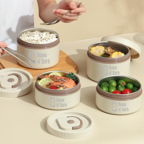 Image of House of Quirk 304 Stainless Steel Bento Lunch Box for Adults, 3 Stackable Containers with Insulated Thermal Case, Microwave Safe & Portable 2 x 420ml & 1 x 620ml (Beige)