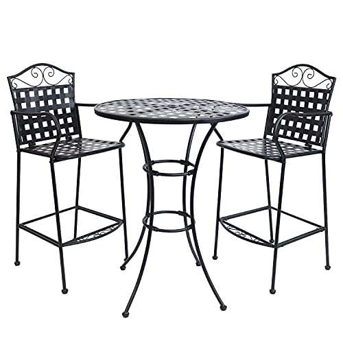 Sunnydaze 3-Piece Outdoor Wrought Iron Bar Chair and Table Set with Scrolling Design - 1 Table and 2 Chairs - Black