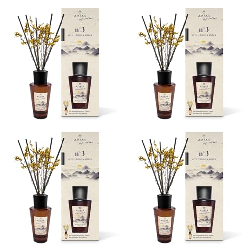 Pack 4 Ambientadores Mikado Ambar Signature nº3 Sandalwood & Amber 85 ml | Difusor de Varillas con Flor Decorativa | Aroma Sándalo, Madera de Eucalipto y Bois de Guayac | Fragancia Elegante para Hogar