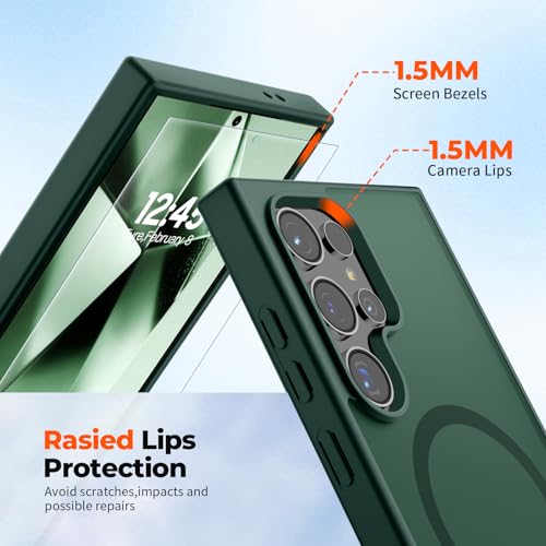 Image of SUPFINE Magnetic for Samsung Galaxy S24 Ultra Case with Screen Protector, (Built-in Magnets) (Military Grade Drop Protection) Slim Translucent Shockproof Phone Case,Forest Green
