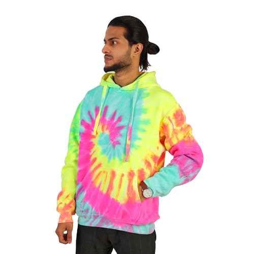 Men's Tie-Dye Hooded Sweatshirt - Pullover Style Hoodie, Aqua Neon Rainbow - Main Image