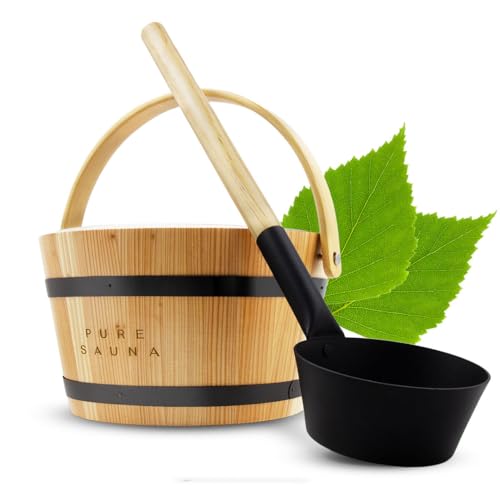 Pure Sauna Unique Wooden Sauna Water Bucket and Ladle Set - Improved Ergonomic Handle - Cedar Wood Sauna Water Bucket Titanium & Recycled Plastic with 4L Capacity - Premium Sauna Accessories