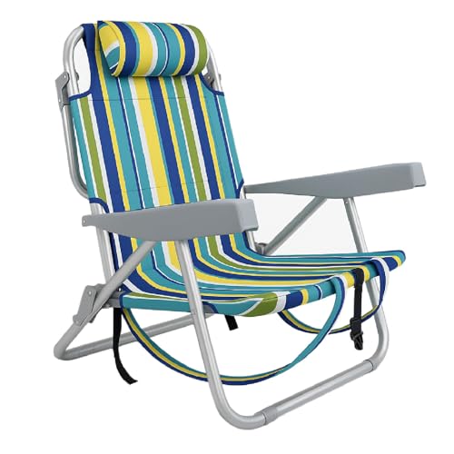 TIENDA EURASIA – Silla de Playa Plegable | 61x28x85.5 cm | Rayas Multicolor | Sistema de Transporte Tipo Mochila | Aluminio y Textileno | 4 Posiciones | Cojín reposacabezas | 2 Bolsas con Cremallera