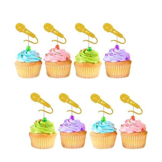 Microphone Cupcake Toppers for Baby Shower, Singing Microphane Sign Cupcake Toppers, Gold Glitter Cake Decorations for Rock & Roll/Pop Music Theme Birthday Party Supplies - 24pcs