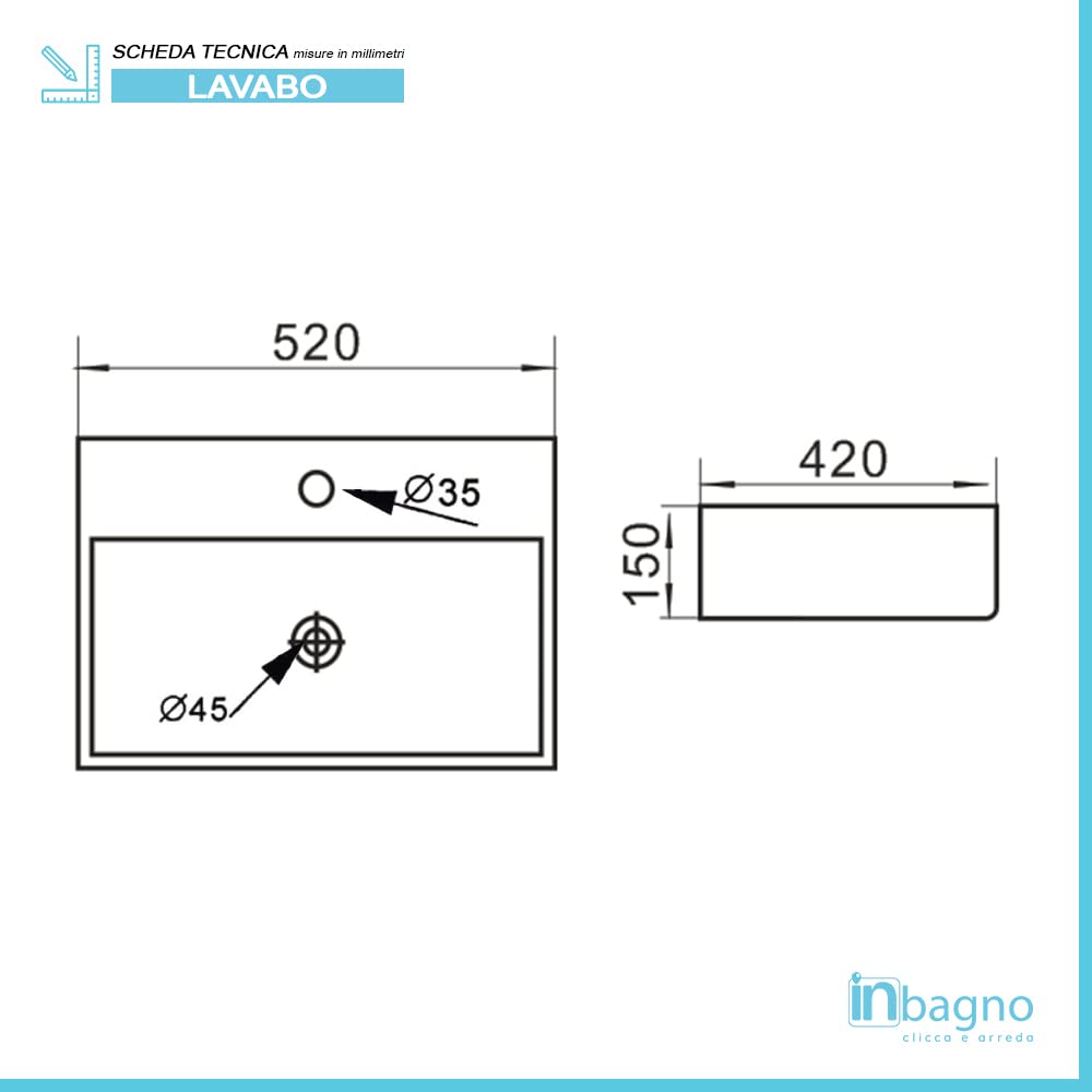 Inbagno Lavabo da appoggio Rettangolare con Foro Rubinetto, in Ceramica Bianca Lucida, Disponibile in Diverse Dimensioni (52x42)