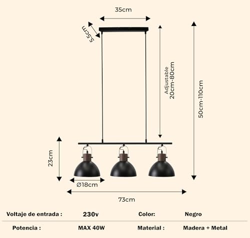 Lámpara para barra de bar o comedor con tres luces industriales E27 2