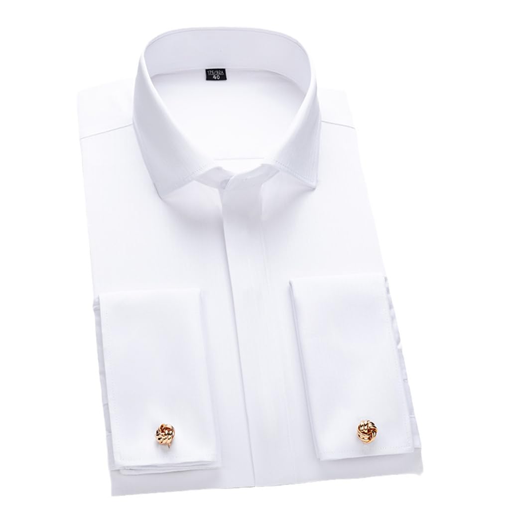 Camicie Eleganti da Uomo, Smoking A Maniche Lunghe A Righe in Tinta Unita, Camicie da Sposa per Feste con Colletto Windsor White 40