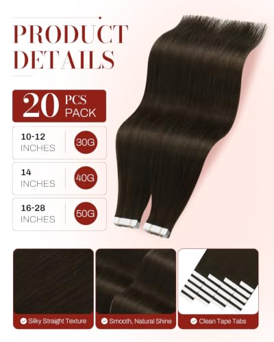 Image of Moresoo Human Hair Extensions Tape in Dark Ash Brown 18in 20Pcs 50g | Seamless tape in hair extensions human hair, straight texture, chocolate brown shade, added length for low ponytails