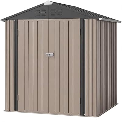 JUMMICO Metal Outdoor Storage Shed 6 x 8 FT Metal Shed with Lockable Door,Waterproof Garden Tool Shed Storage House for Backyard Patio Lawn,Brown