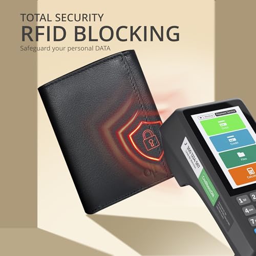 Real Leather Mens Trifold Wallet RFID Blocking Slim Minimalist Front Pocket - Thin & Stylish with ID Window in Gift Box