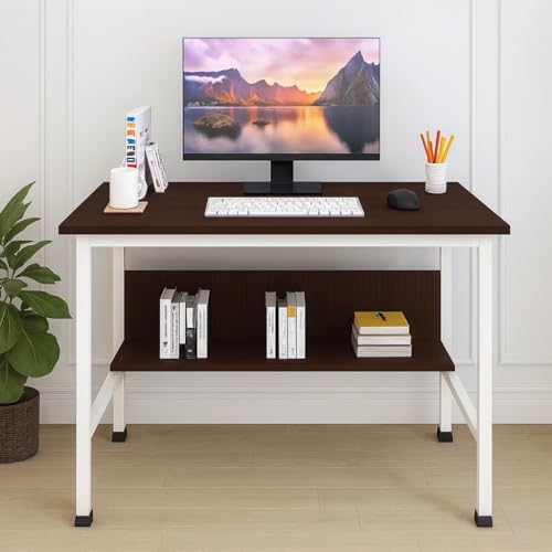 Image of Multipurpose Wood Study Table with Shelf Computer, Laptop & Office Workstation Desk for Home & Work - Easy to Assemble Gaming Concept Desk (Brown Board White Metal)(L*90,B*60,H*75)cm.