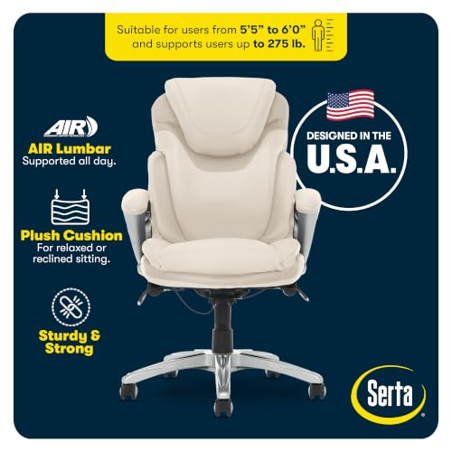 Image of Serta Bryce Executive Office Chair - Ergonomic Computer DeskChair with Lumbar Technology - Adjustable Height - Memory Foam Body Pillows - 360 Swivel Rolling Base - Bonded Leather - Cream