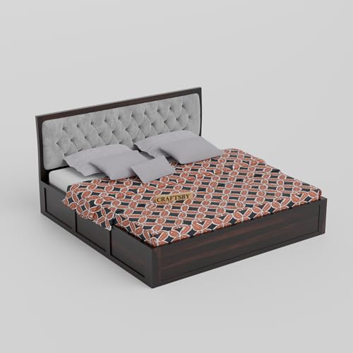 Image of Solid Sheesham Wood King Size Bed with Box Storage | Grey Upholstered Cushion Headboard | Wooden Double Bed for Bedroom | Palang /Cot /Mancham, Walnut Finish