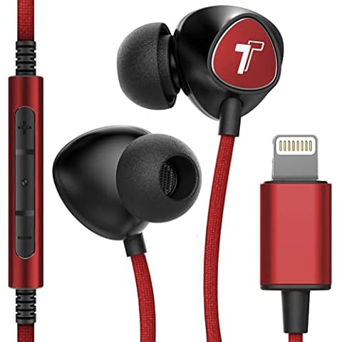 Thore iPhone Earphones (Apple MFi Certified) V110 in Ear Braided Wired Lightning Earbuds (Sweat/Water Resistant) Headphones with Mic/Volume Remote for iPhone 11/12/13 Pro Max - Red Cover