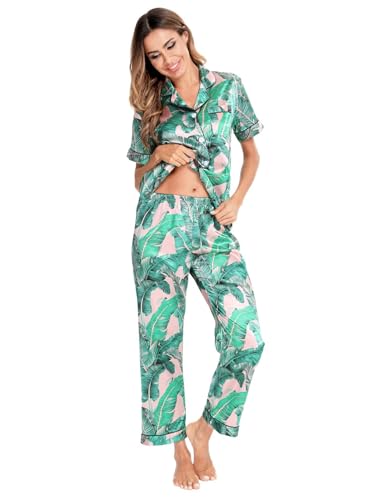 Image of SWOMOG Women Satin Pajamas Set Short Sleeve Top & Pants Sleepwear Silky Button Down Nightwear 2pcs Loungewear Pjs Set Pink Leaves Medium
