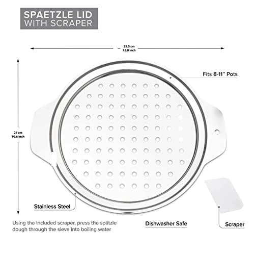 GProME Stainless Steel Spaetzle Maker Lid with Scraper, Spaetzle Insert, Spatzle Press German Egg Dumpling Spätzle Noodle Maker Fit Over Pot Pan- Spaghetti Strainer