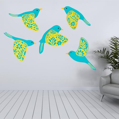 Image of GiftOday Wooden 3D 5 Pieces Birds for Wall Art Panel | Wood Bird Folk Art Wall Hanging Art Decoration Item for Living Room, Bedroom, Drawing Room, Dining Room & Office (Aqua) Pack of 1