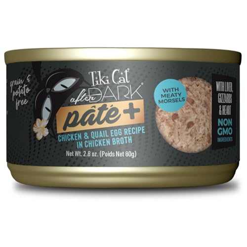 Image of Tiki Cat After Dark Pate+ Chicken & Quail Egg, 2.8 oz. Can (12 Count) | Tiki Cat After Dark Pate+ with chicken and quail egg, Organ meat, High Protein, High Moisture, 2.8 oz. cans, 12 Pack