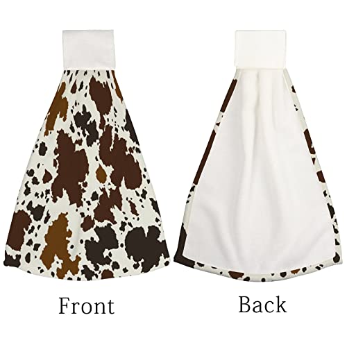 Longlugoo Western Brown Black Cow Print Hanging Kitchen Dish Towel 2 Pack Hand Towels Soft Coral Velvet Decorative Hand Towels With Loop For Bathroom Tie Towel Absorbent Dish Towels #TOP2