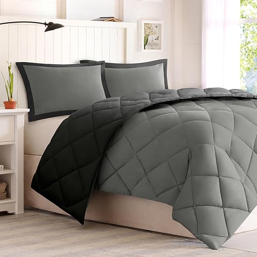 Image of Madison Park Comforter Set, Reversible Down Alternative All Season Microfiber Bedding, 3M Scotchgard Stain Release, Full /Queen Dorm Comforter, Black /Grey