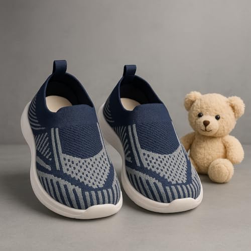 Image of Slip-On Knit Sneakers, Navy Blue, Lightweight Walking Shoes, White Sole
