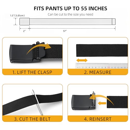 Mile High Life Cut To Fit Canvas Web Belt Size Up to 52" with Flip-Top Solid Black Military Buckle