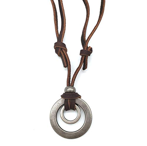 Jonline24h Mens Womens Double Ring Pendant Adjustable Leather Cord Necklace Chain, Brown Silver