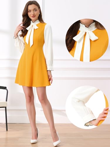 Image of Allegra K Tie Neck Dresses for Women's 1960s Vintage Long Sleeve Contrast Color Dress